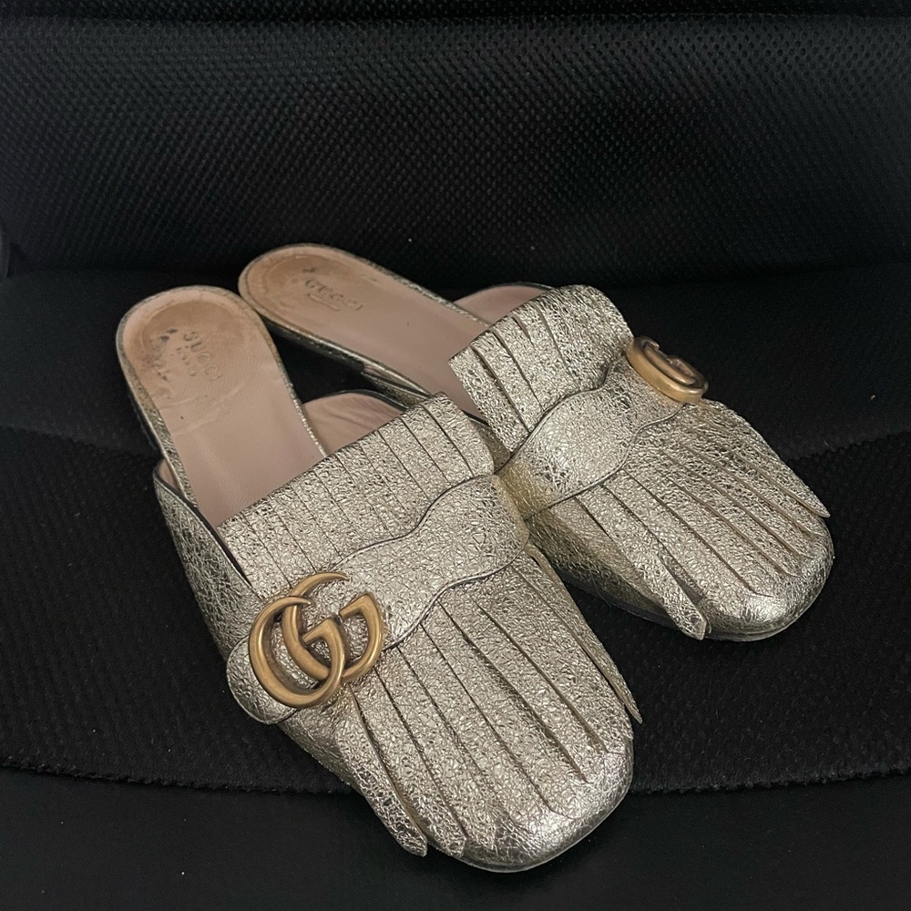 Gucci gold fringe Marmont slides
